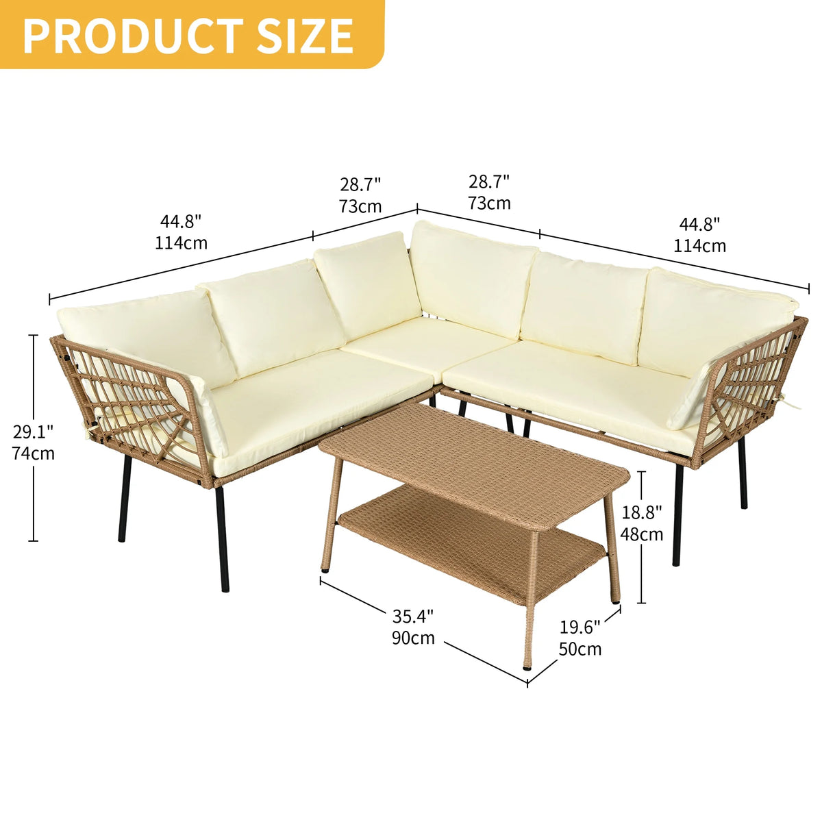 Beige Wicker L-Shaped Sofa Set with Cushions and Coffee Table M947656