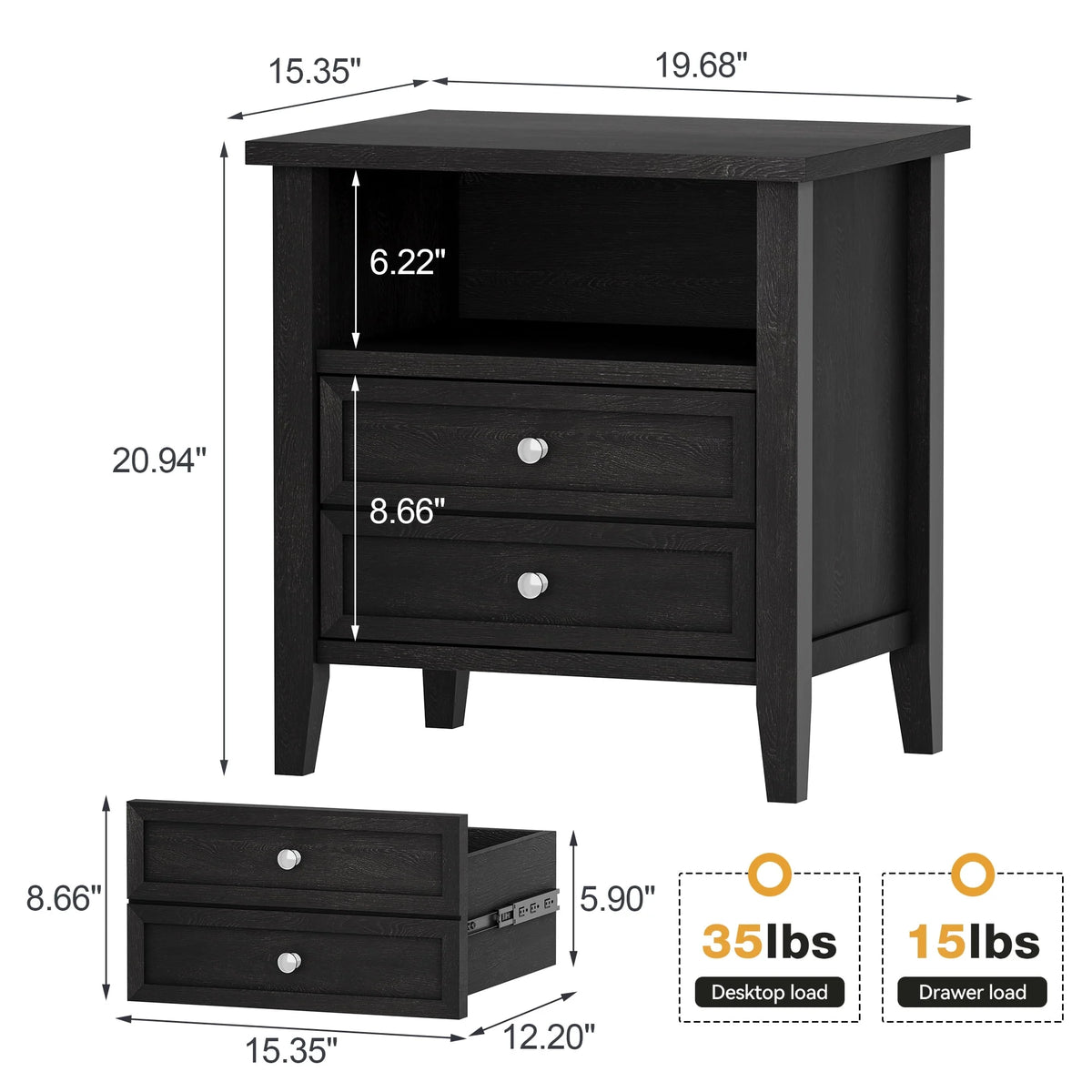 Black Nightstand with Drawer and Open Storage Shelf Q89303
