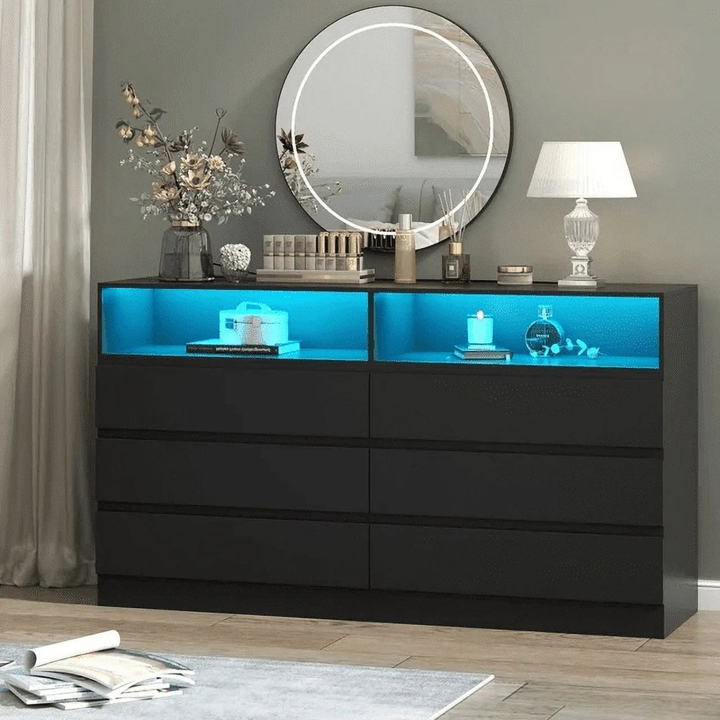 White 6 Drawer Double Dresser with Power Outlet and LED Light C8249