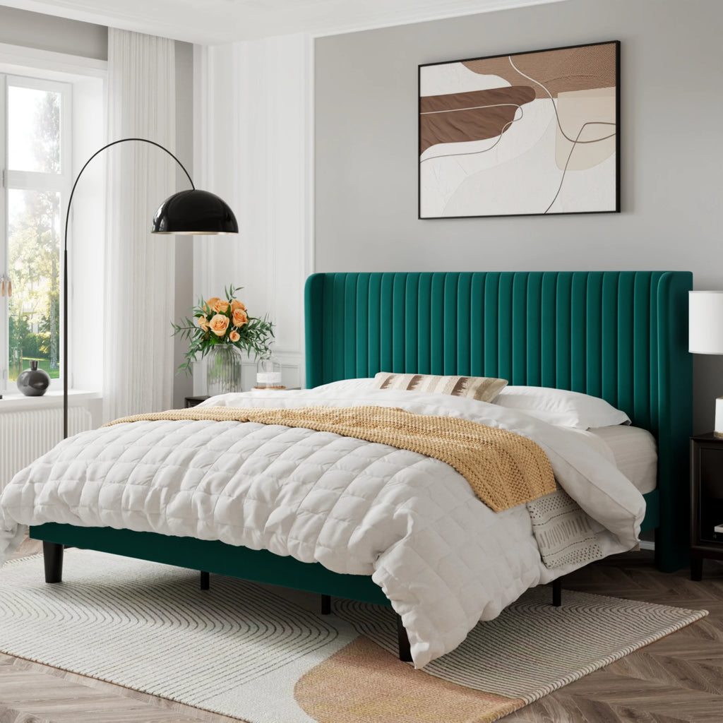 Queen Size Off White Velvet Platform Bed Frame with Wingback Headboard Z98942