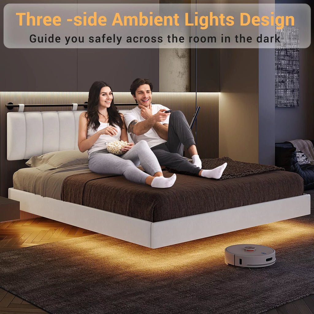 White LED Queen Bed Frame with Upholstered Headboard I29951