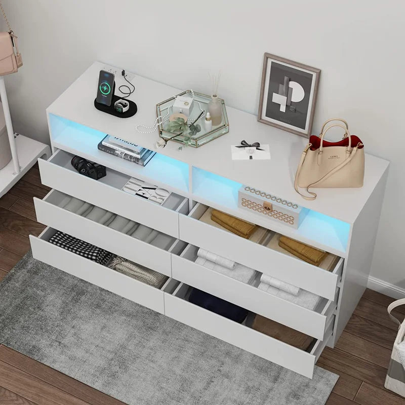 White 6 Drawer Double Dresser with Power Outlet and LED Light C8249