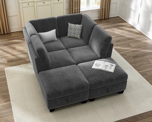Dark Grey Corduroy Modular Sectional Sleeper Sofa with Ottoman H804092
