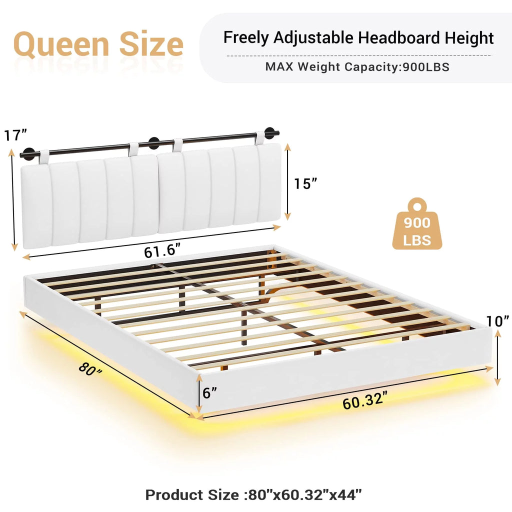 White LED Queen Bed Frame with Upholstered Headboard I29951