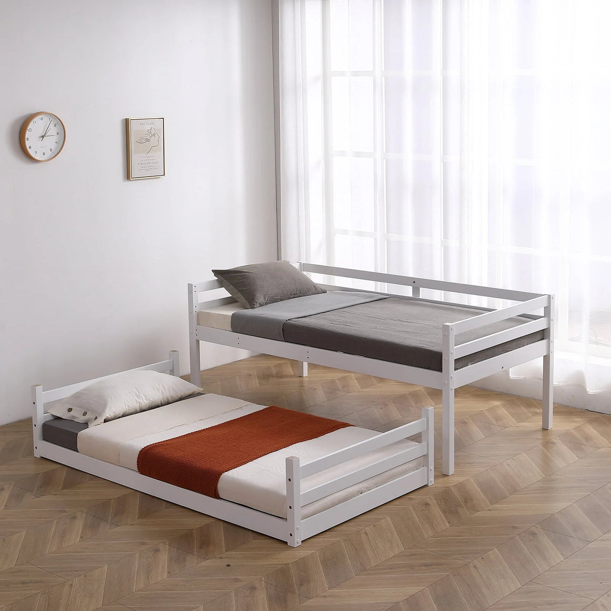 White Twin Over Twin Bunk Bed with Guard Rails M4335
