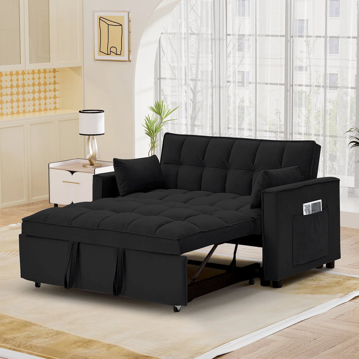 Convertible Sofa Bed with Pull Out Loveseat Sleeper Couch with Side Pockets and Pillows Q45771