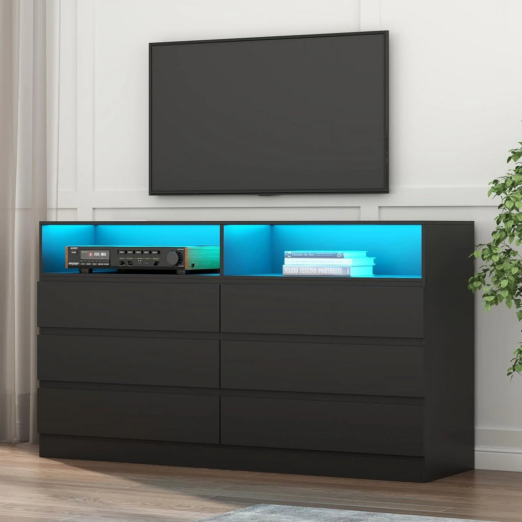 White 6 Drawer Double Dresser with Power Outlet and LED Light C8249