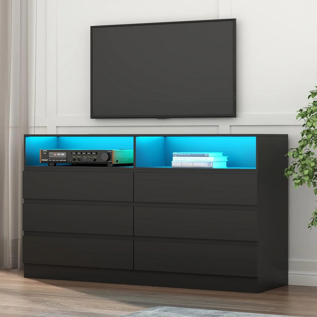 White 6 Drawer Double Dresser with Power Outlet and LED Light C8249