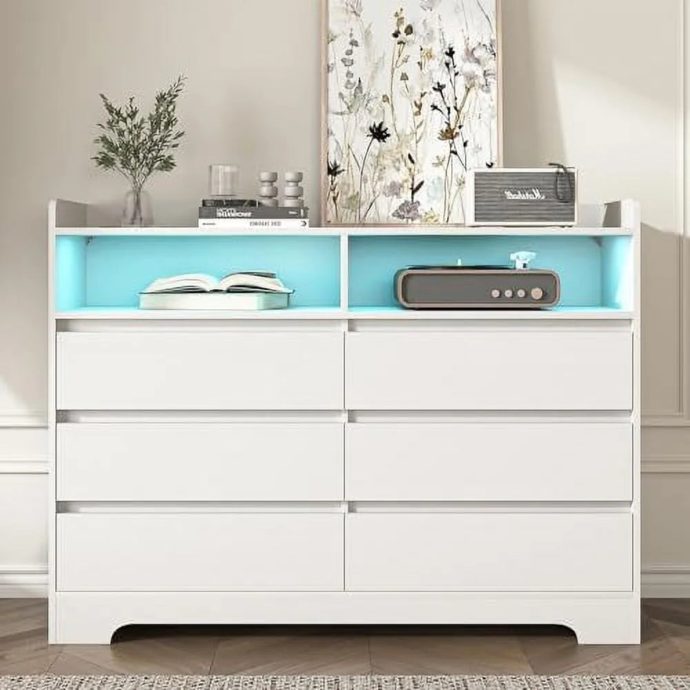 White 6 Drawer Wood Dresser with 2 Cubby C2294