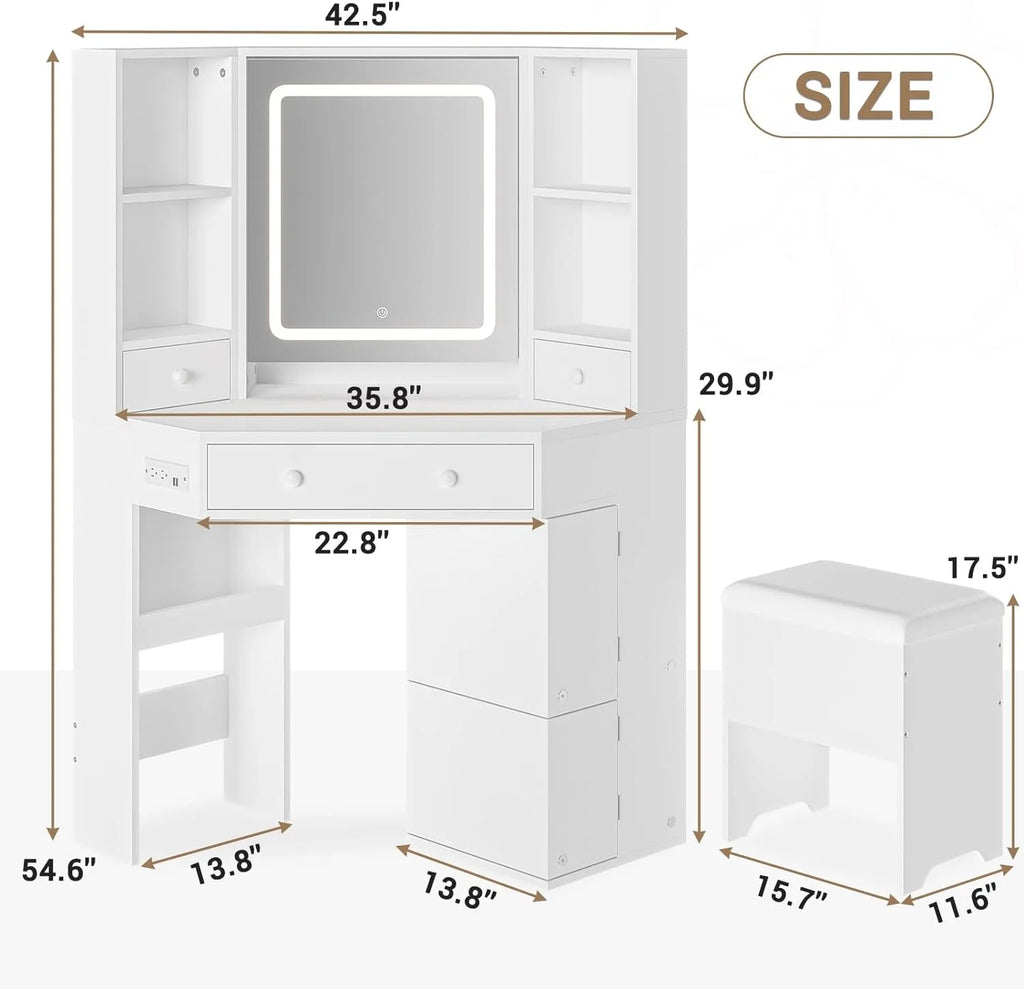 White Vanity Desk with Mirror Lights Charging Station Drawers Storage Stool Rotating Shelves Y3769