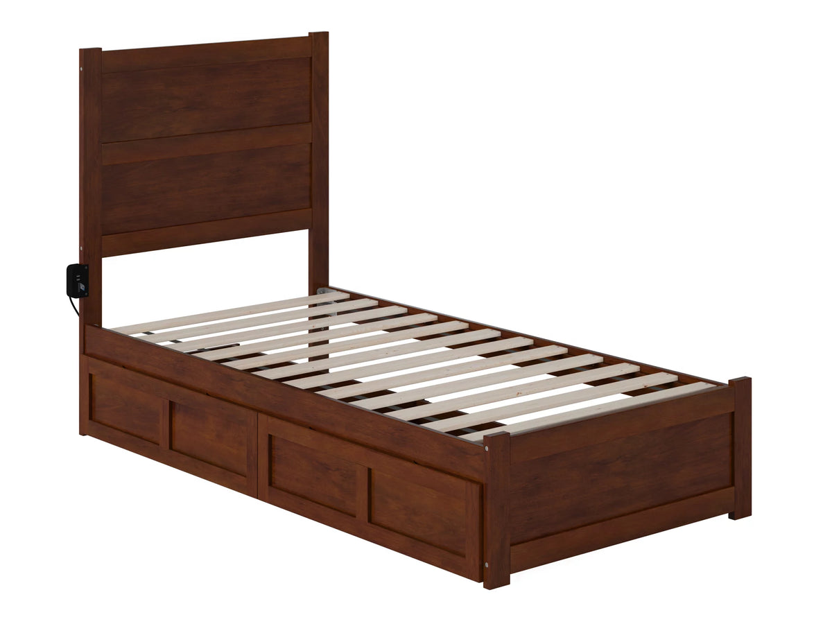 Twin Wood Platform Bed with Headboard Footboard & 2 Storage Drawers, Walnut X165