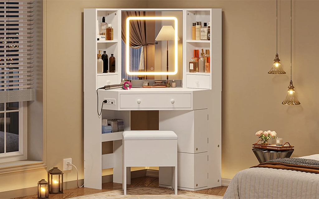 White Vanity Desk with Mirror Lights Charging Station Drawers Storage Stool Rotating Shelves Y3769