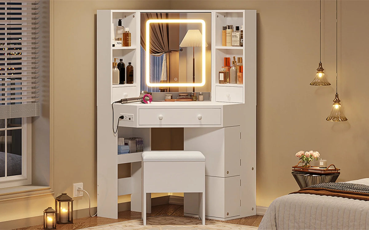 White Vanity Desk with Mirror Lights Charging Station Drawers Storage Stool Rotating Shelves Y3769