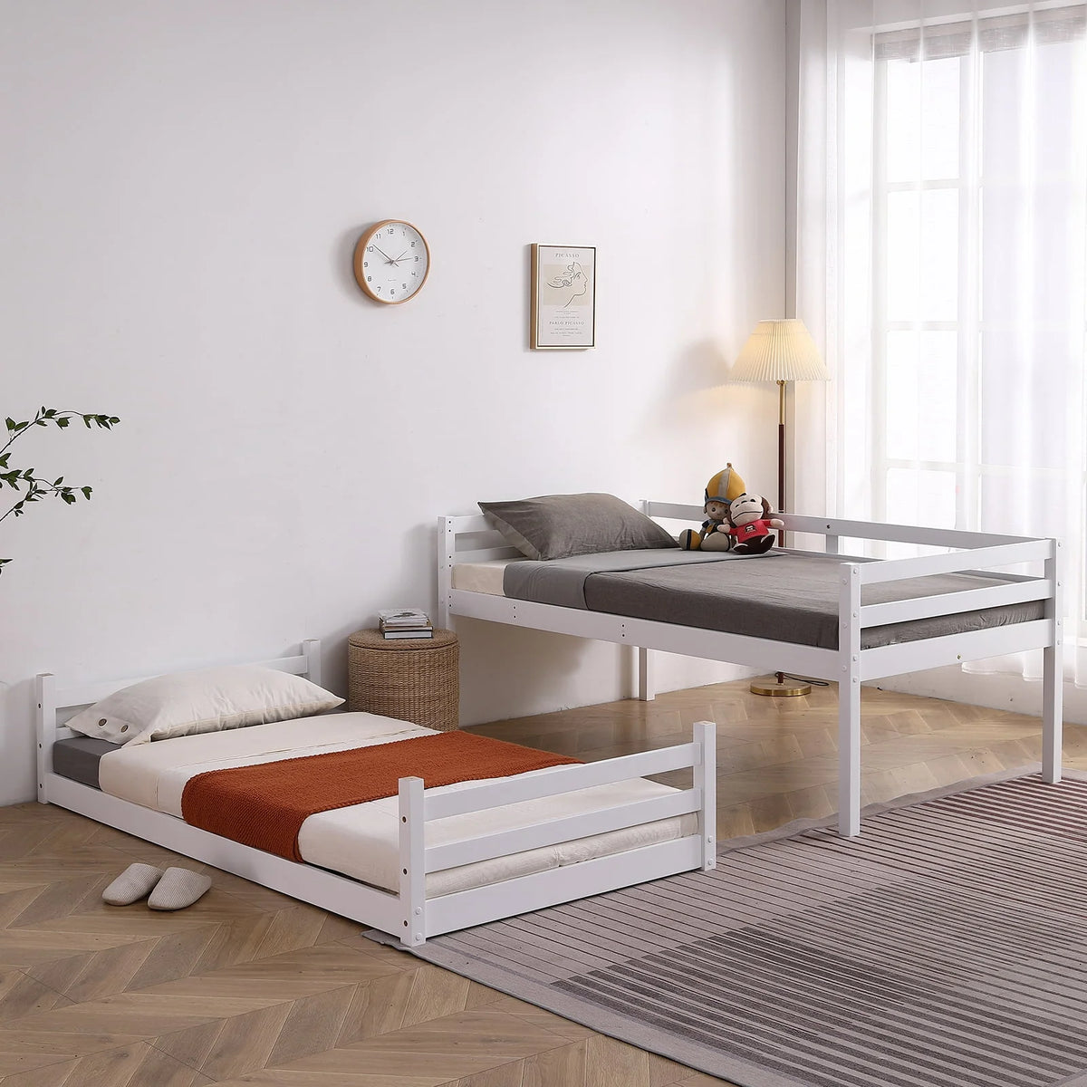 White Twin Over Twin Bunk Bed with Guard Rails M4335