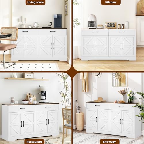 White 55" Wood Sideboard Buffet Cabinet with Drawers and Doors Z525