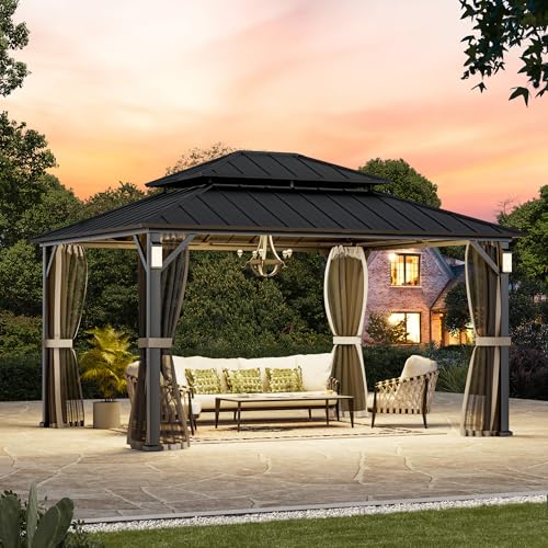 12' x 24' Hardtop Gazebo with LED Lights and Curtains A8958