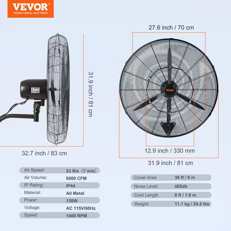 Wall-Mount Misting Fan 30 in. 3-Speed 9500 CFM Waterproof Oscillating Industrial Wall Fan D151