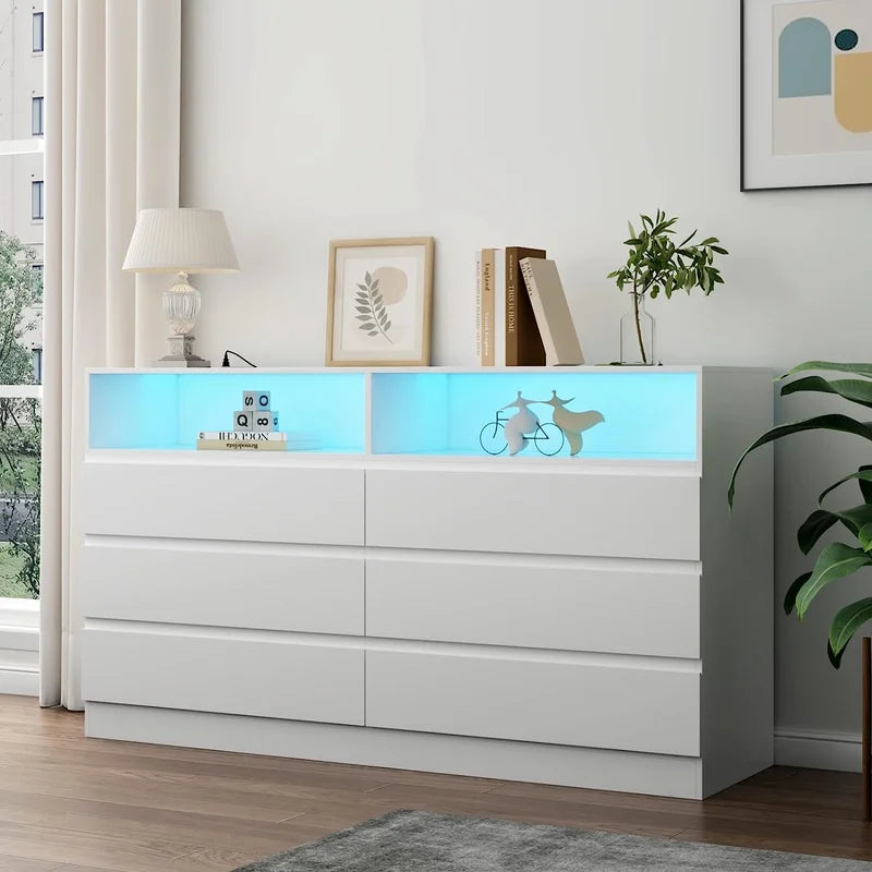 White 6 Drawer Double Dresser with Power Outlet and LED Light C8249