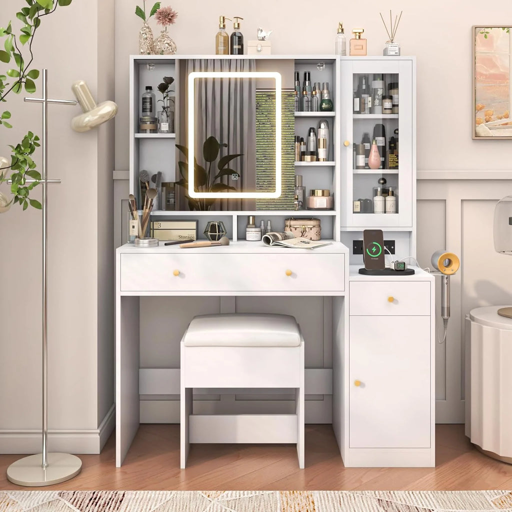 White Vanity Desk with Sliding Mirror and Lights Q252
