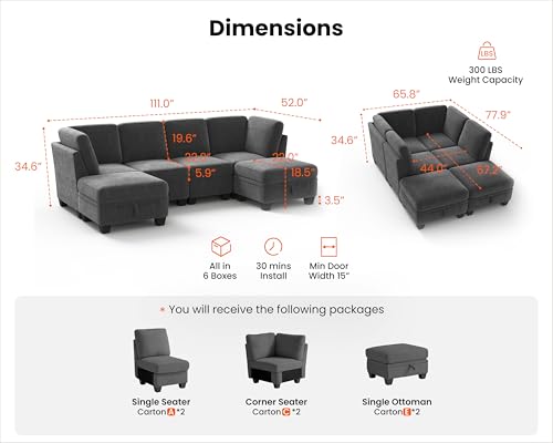 Dark Grey Corduroy Modular Sectional Sleeper Sofa with Ottoman H804092