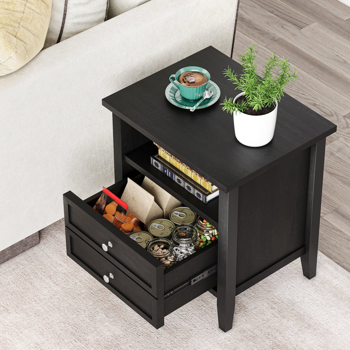 Black Nightstand with Drawer and Open Storage Shelf Q89303