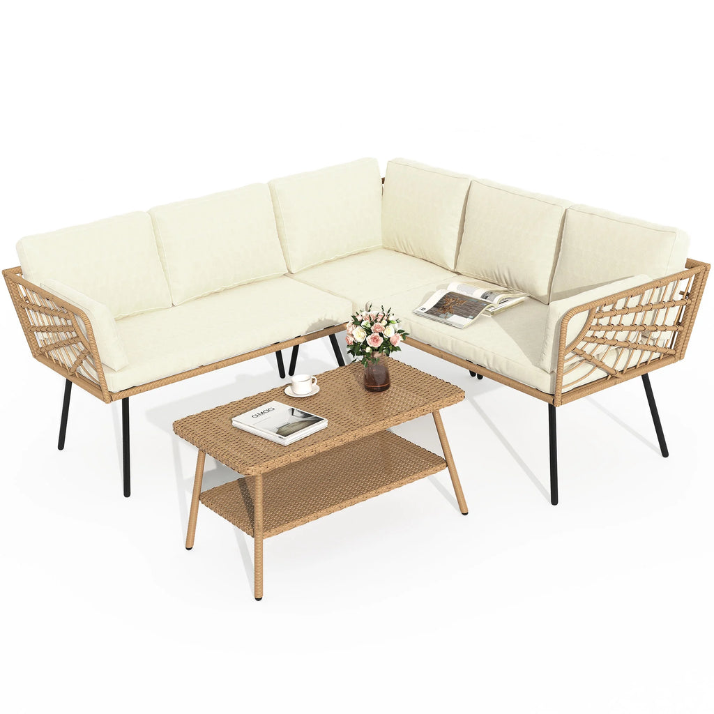 Beige Wicker L-Shaped Sofa Set with Cushions and Coffee Table M947656