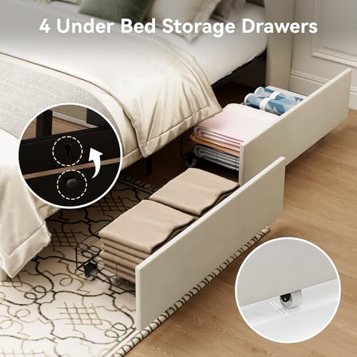 Full Size Velvet Upholstered Platform Bed Frame with 4 Storage Drawers L65720
