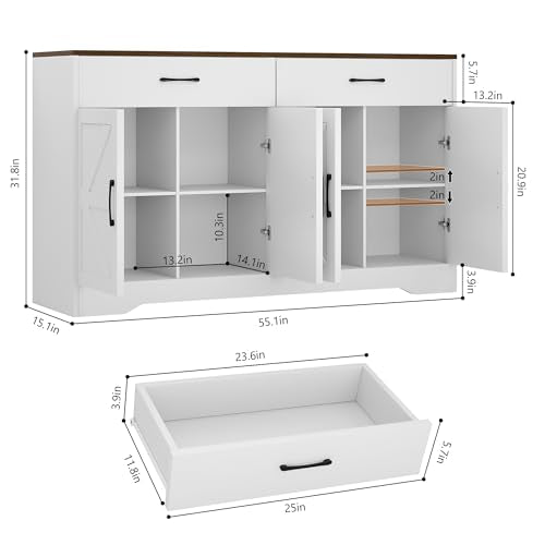 White 55" Wood Sideboard Buffet Cabinet with Drawers and Doors Z525