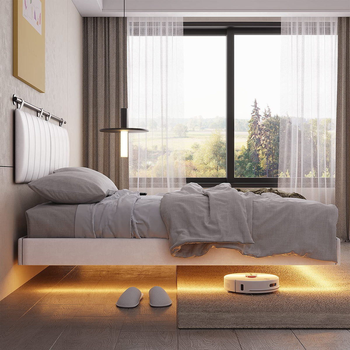 White LED Queen Bed Frame with Upholstered Headboard I29951
