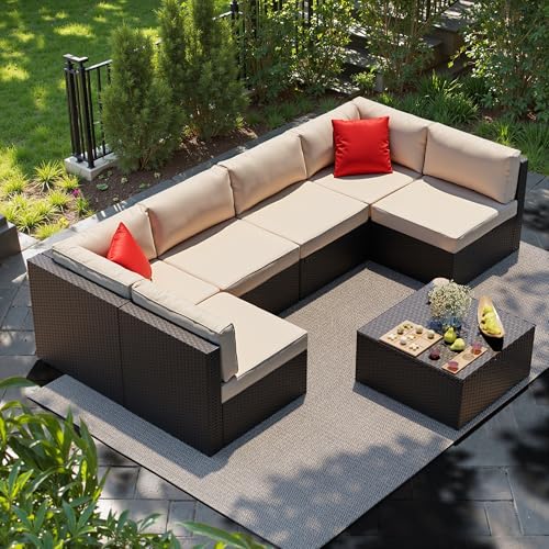 7 Pieces PE Rattan Wicker Patio Sofa Set with Glass Table Z7947