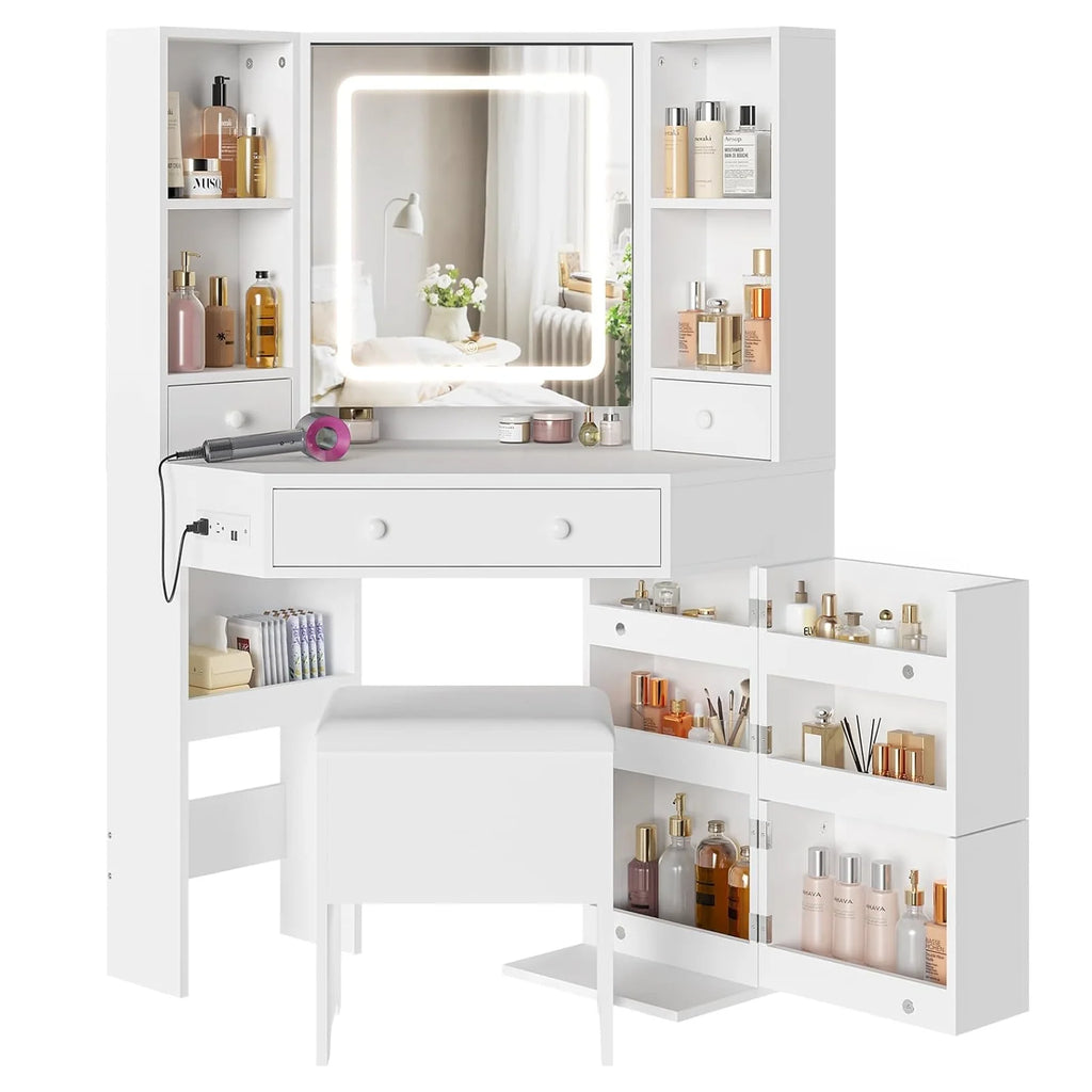 White Vanity Desk with Mirror Lights Charging Station Drawers Storage Stool Rotating Shelves Y3769