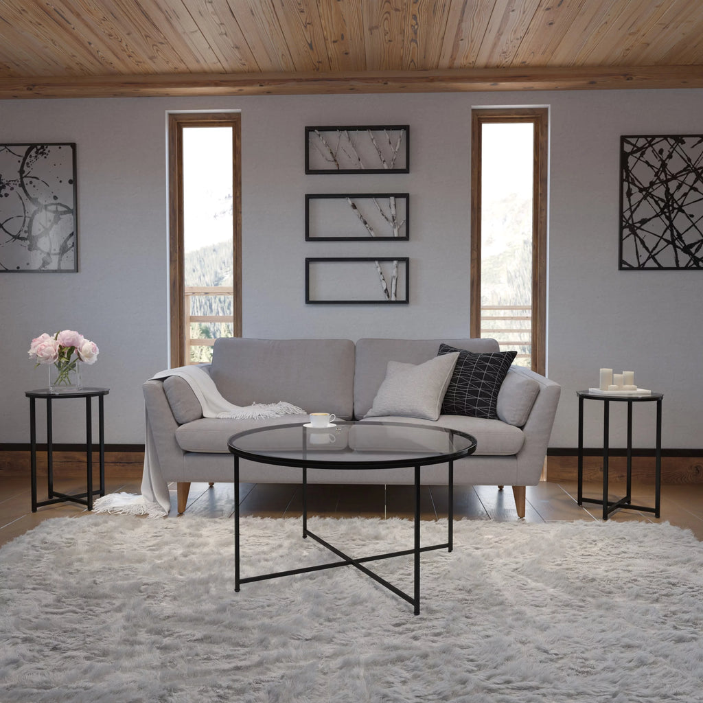 Clear Glass Table Set with Matte Black X Metal Frame, Coffee Table, 2 End Tables J2077