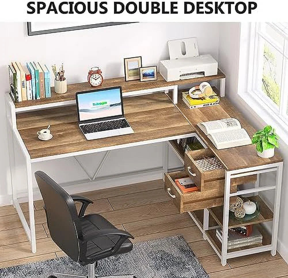 Reversible L Shaped Desk with Drawer Shelves Monitor Stand U2920