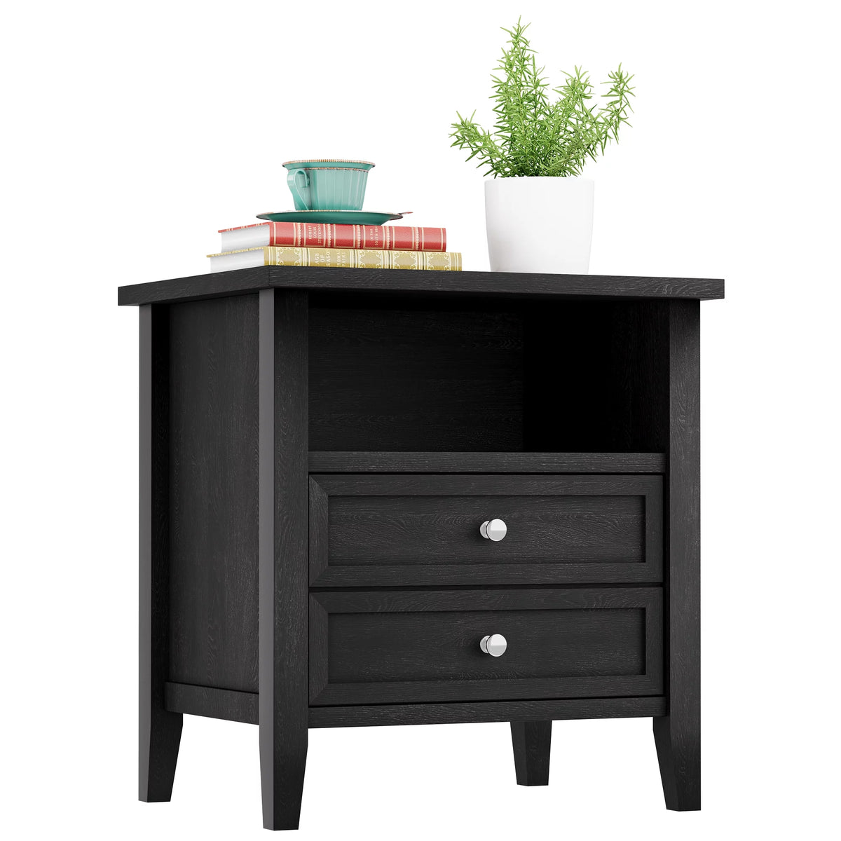 Black Nightstand with Drawer and Open Storage Shelf Q89303