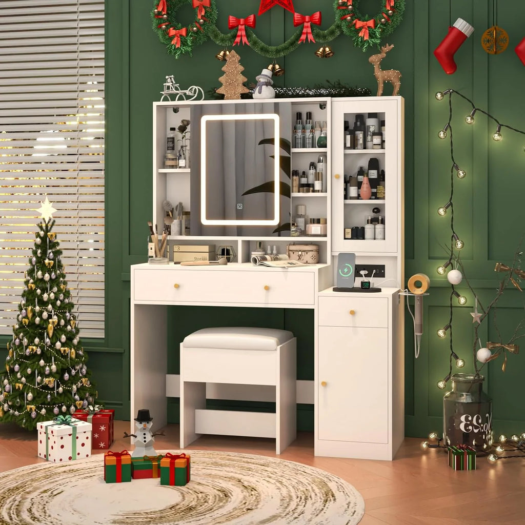 White Vanity Desk with Sliding Mirror and Lights Q252