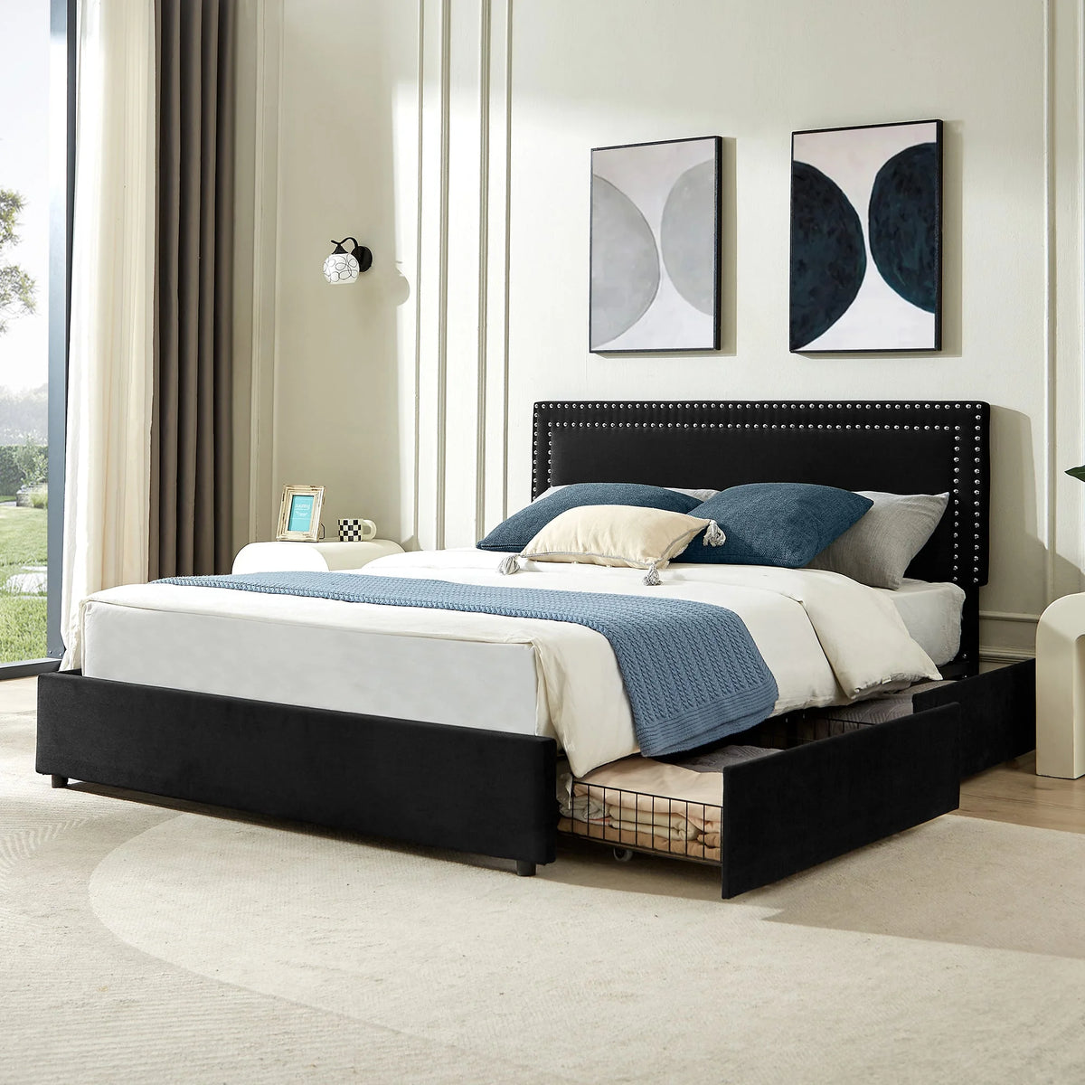 Full Bed Frame with 4 Storage Drawers and Adjustable Headboard S20718