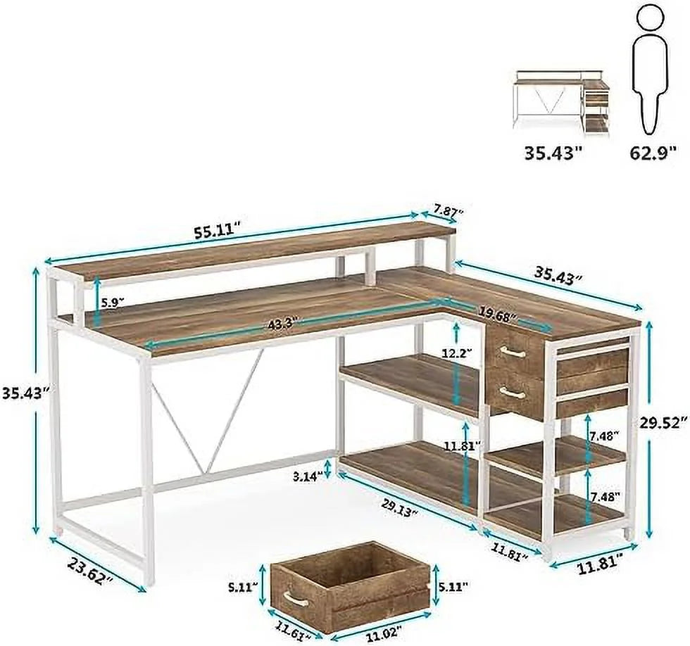 Reversible L Shaped Desk with Drawer Shelves Monitor Stand U2920