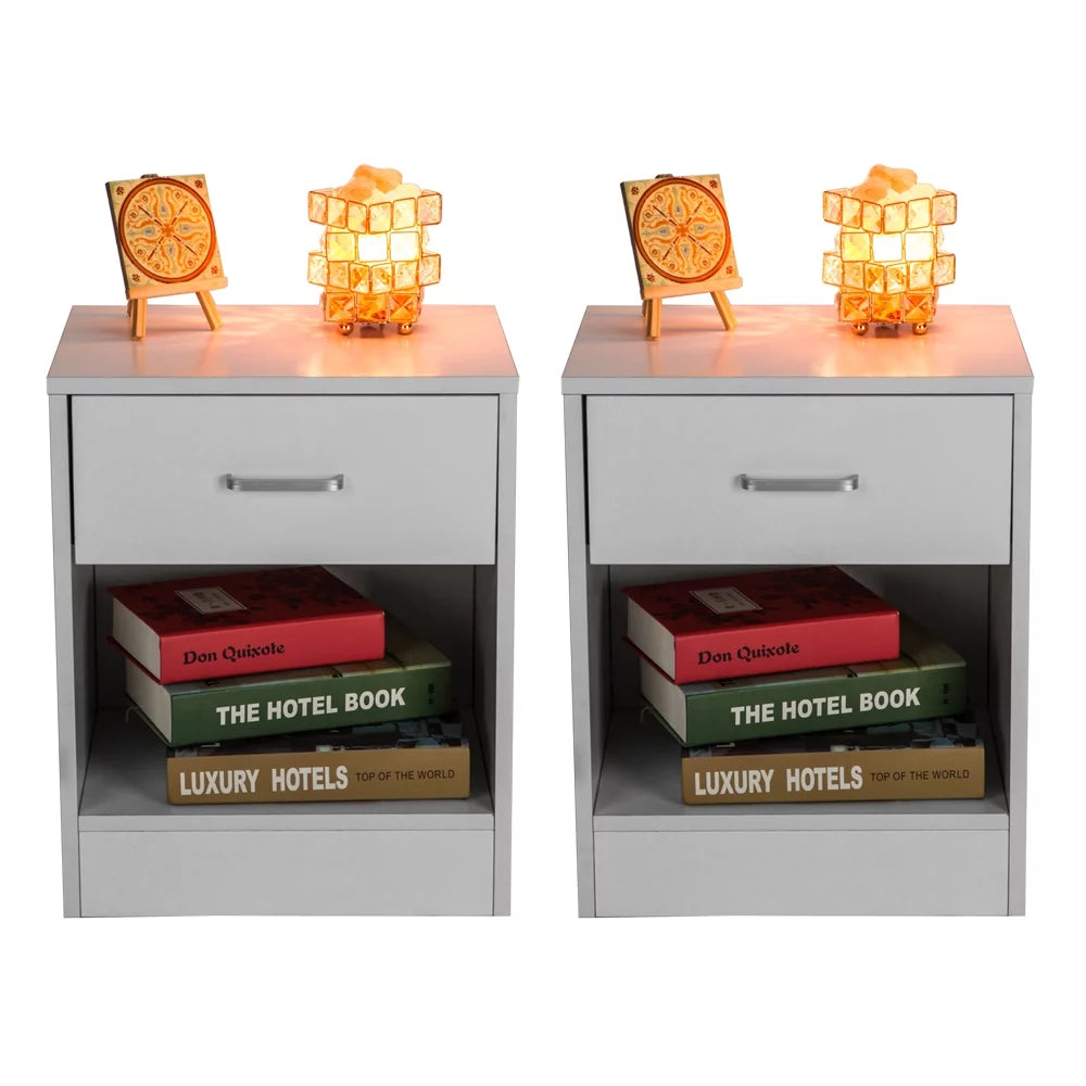 White Nightstand Set of 2 with Drawer and Open Cabinet Wood Bedside Table J641746