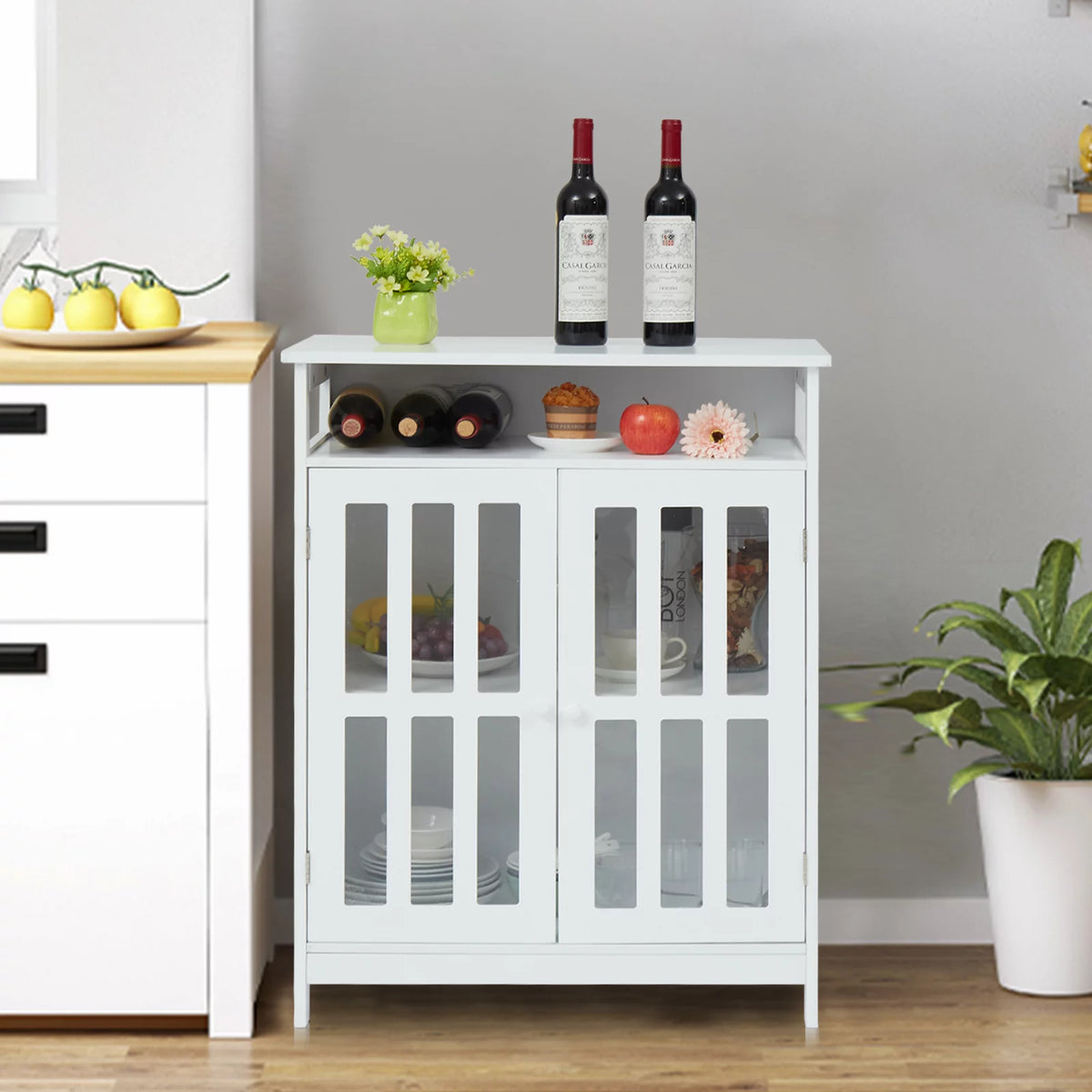 White Wooden Sideboard Cabinet with Open Shelf K10536