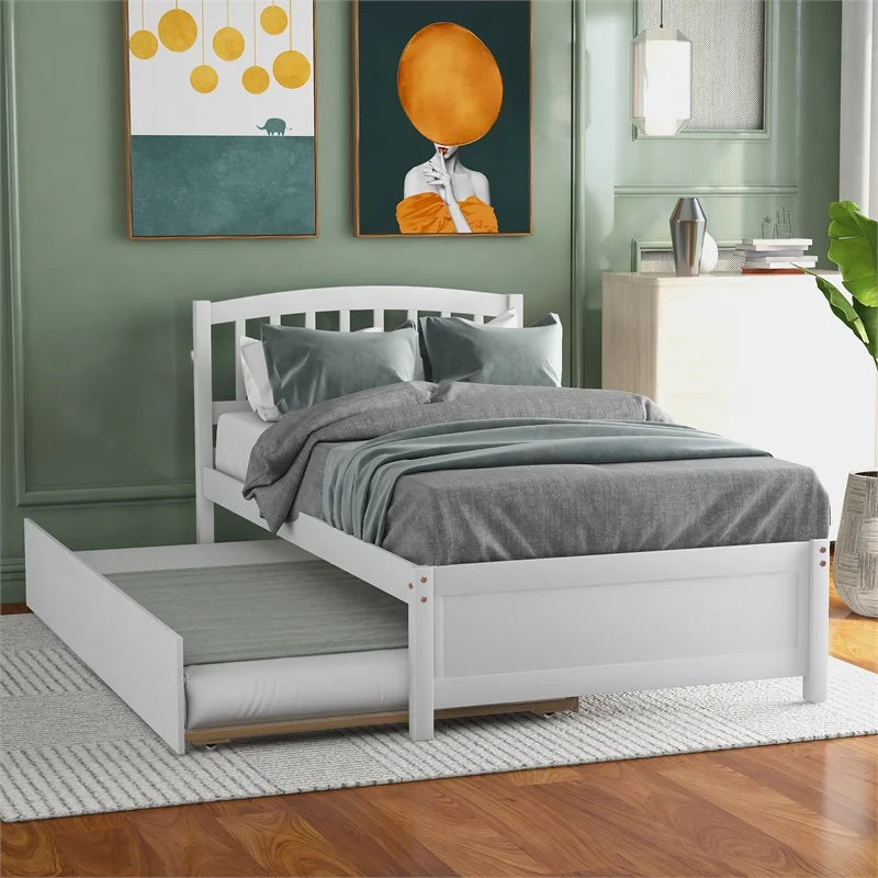 White Twin Size Wood Platform Bed with Trundle U86130