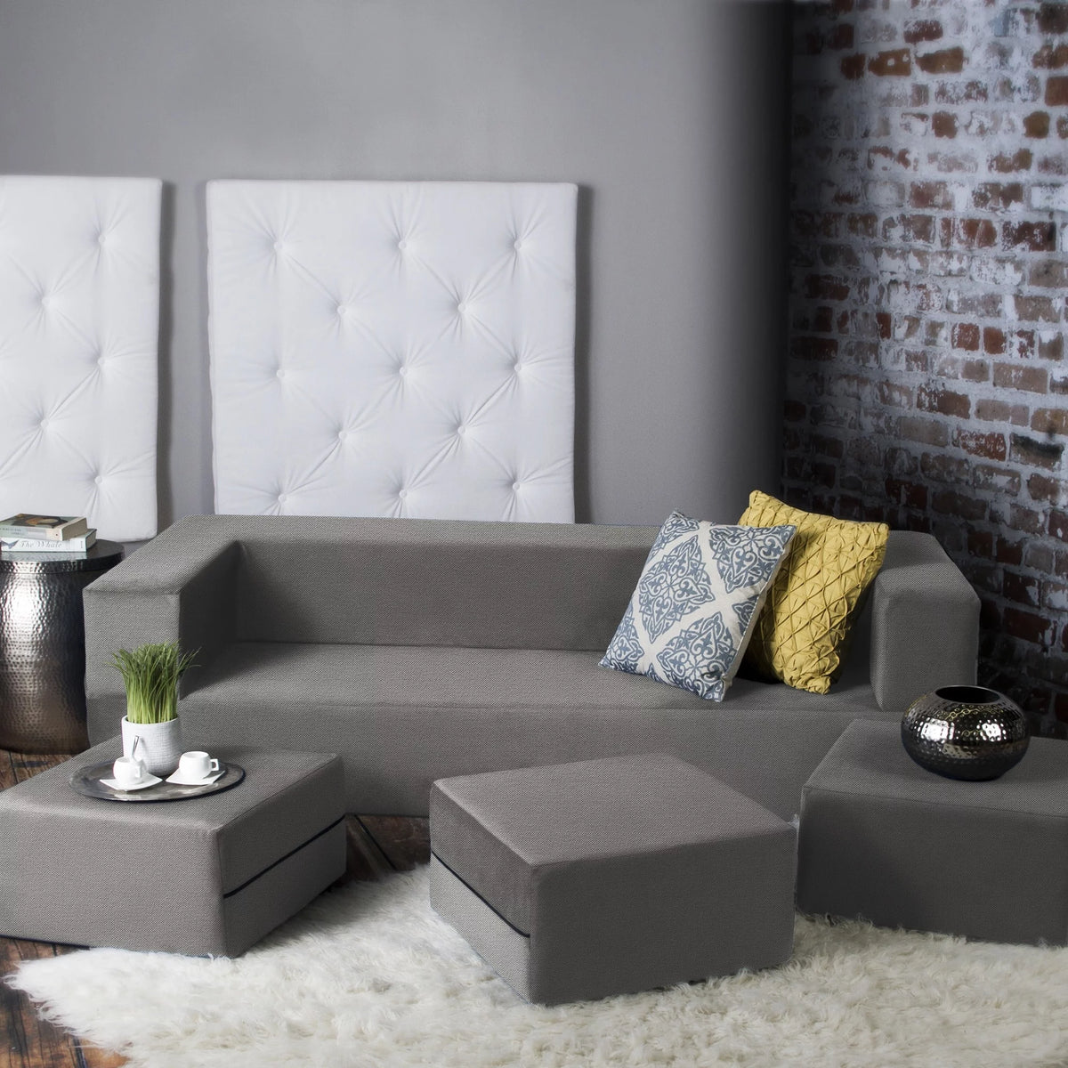 California King Convertible Sleeper Sofa and Ottomans Dove Grey Foam Polyester E44826